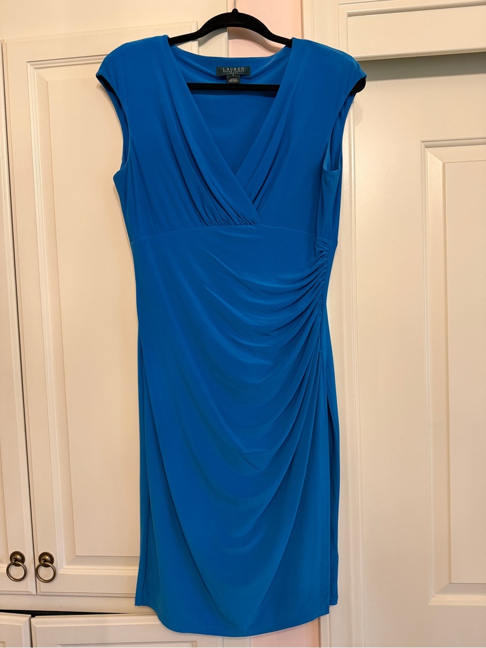 Ralph Lauren Turquoise Blue Ruched Faux-Wrap Midi Dress